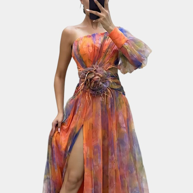 Amelie | Vestido Maxi Asimétrico de Un Hombro con Estampado Artístico