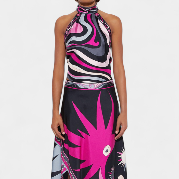 Ciana | Conjunto Satén con Falda Abstracta y Top Halter