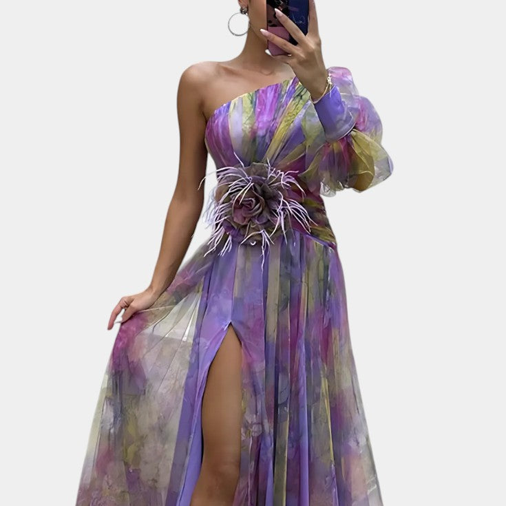 Amelie | Vestido Maxi Asimétrico de Un Hombro con Estampado Artístico