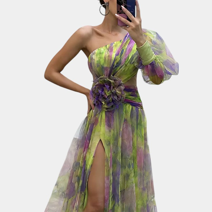 Amelie | Vestido Maxi Asimétrico de Un Hombro con Estampado Artístico