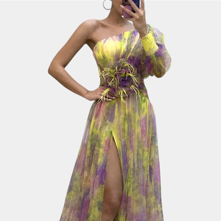 Amelie | Vestido Maxi Asimétrico de Un Hombro con Estampado Artístico