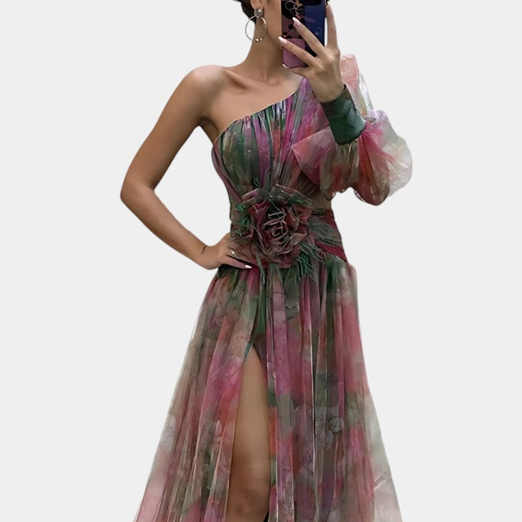 Amelie | Vestido Maxi Asimétrico de Un Hombro con Estampado Artístico