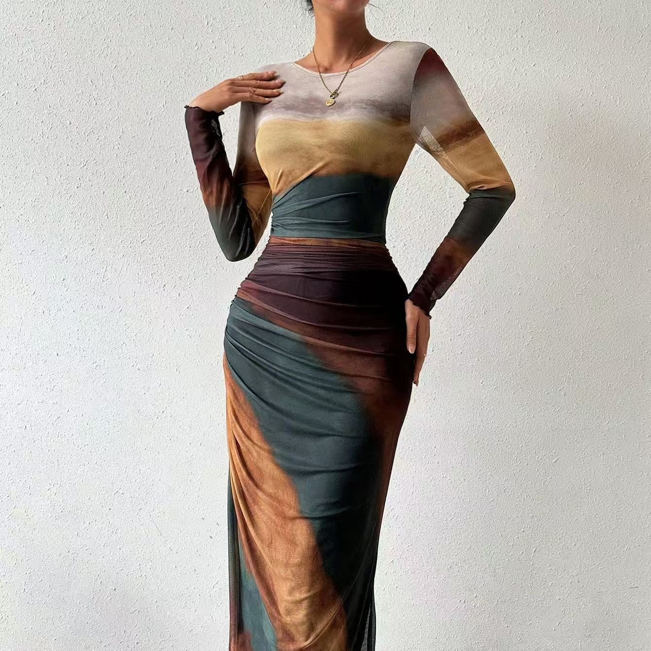 Natalia | Vestido Maxi Bodycon de Manga Larga Impreso y Cómodo
