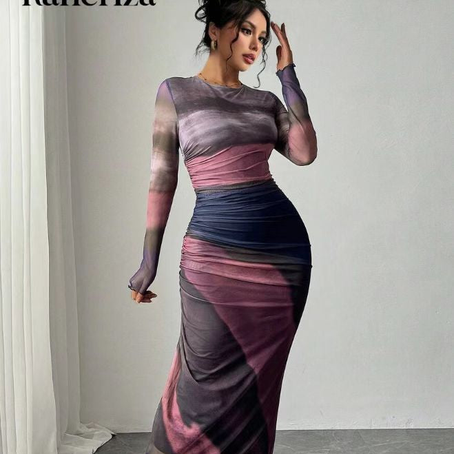 Natalia | Vestido Maxi Bodycon de Manga Larga Impreso y Cómodo