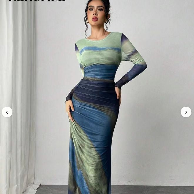 Natalia | Vestido Maxi Bodycon de Manga Larga Impreso y Cómodo