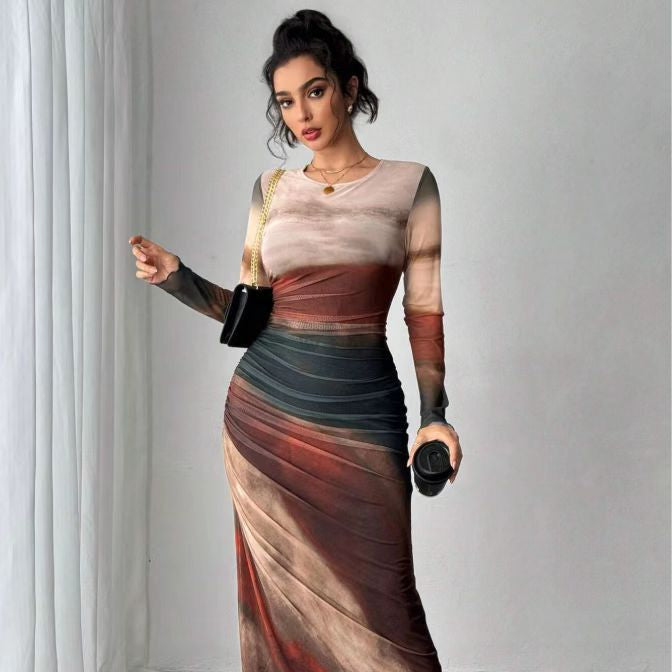 Natalia | Vestido Maxi Bodycon de Manga Larga Impreso y Cómodo