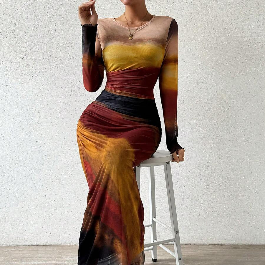 Natalia | Vestido Maxi Bodycon de Manga Larga Impreso y Cómodo