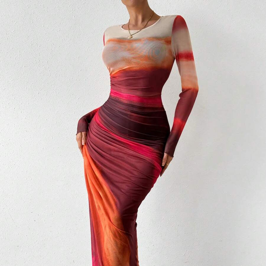 Natalia | Vestido Maxi Bodycon de Manga Larga Impreso y Cómodo