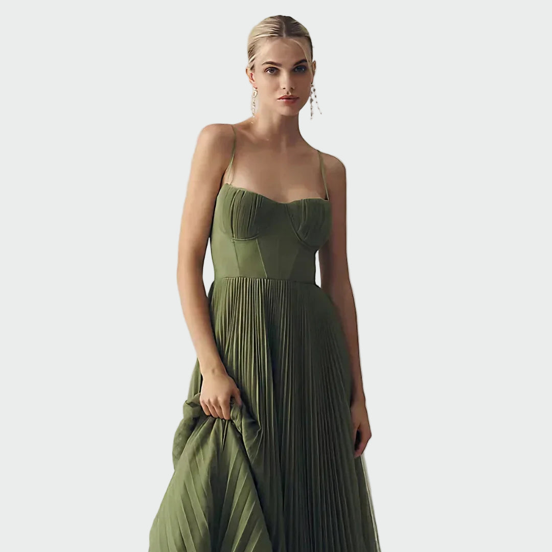 AMBER | VESTIDO DE TUL PLISADO CON DRAPEADO ASIMÉTRICO