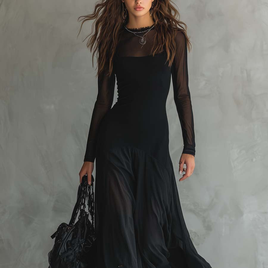 Elena | Vestido maxi negro con mangas transparentes