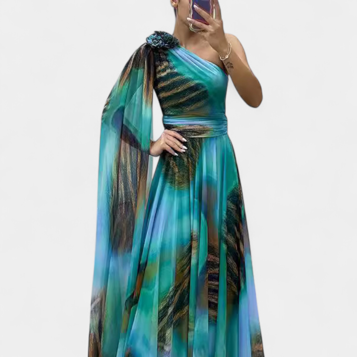 Cedara | Vestido Largo de Un Hombro con Detalle Floral