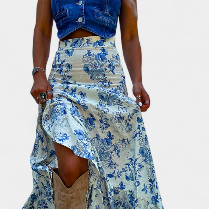 Kala | Falda Maxi Floral con Abertura y Volantes
