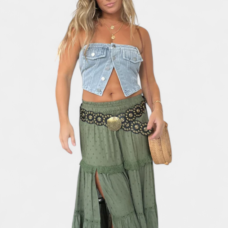 Dola | Falda Maxi Boho con Encaje y Abertura Frontal
