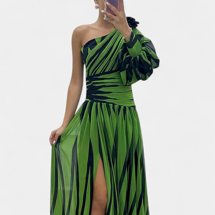 Bethania | Vestido Maxí Elegante de Rayas con Un Solo Hombro