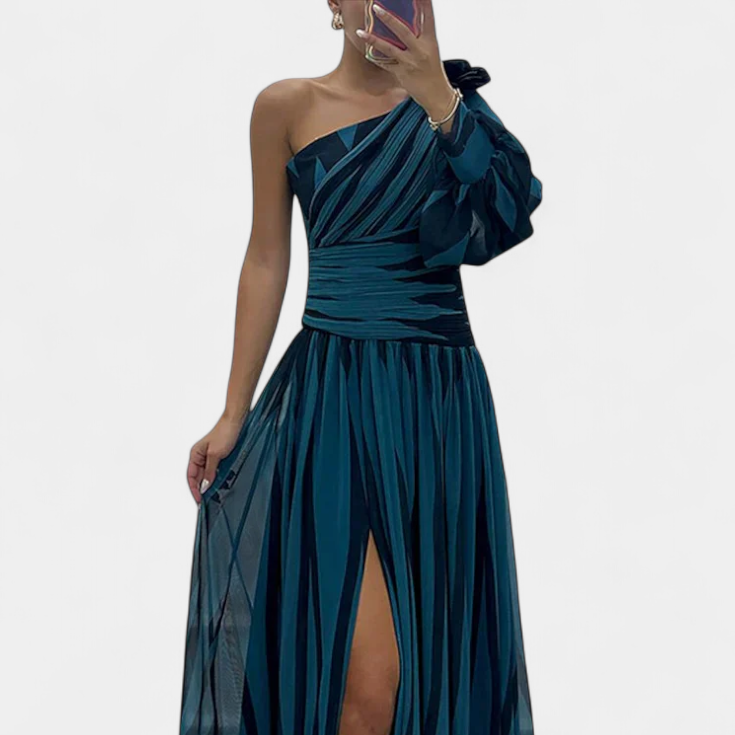Bethania | Vestido Maxí Elegante de Rayas con Un Solo Hombro