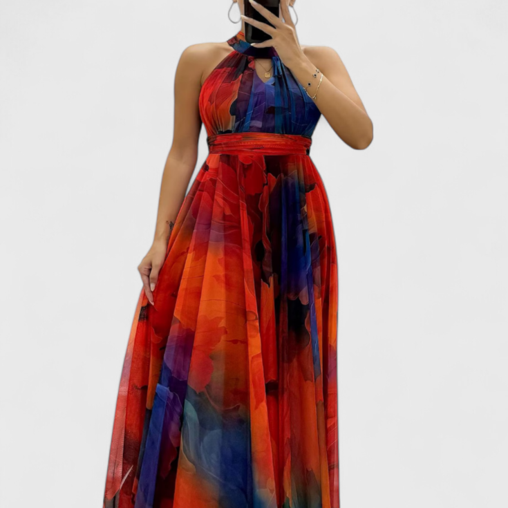 Caprice | Vestido Maxi de Gasa con Estampado Floral y Cuello Halter