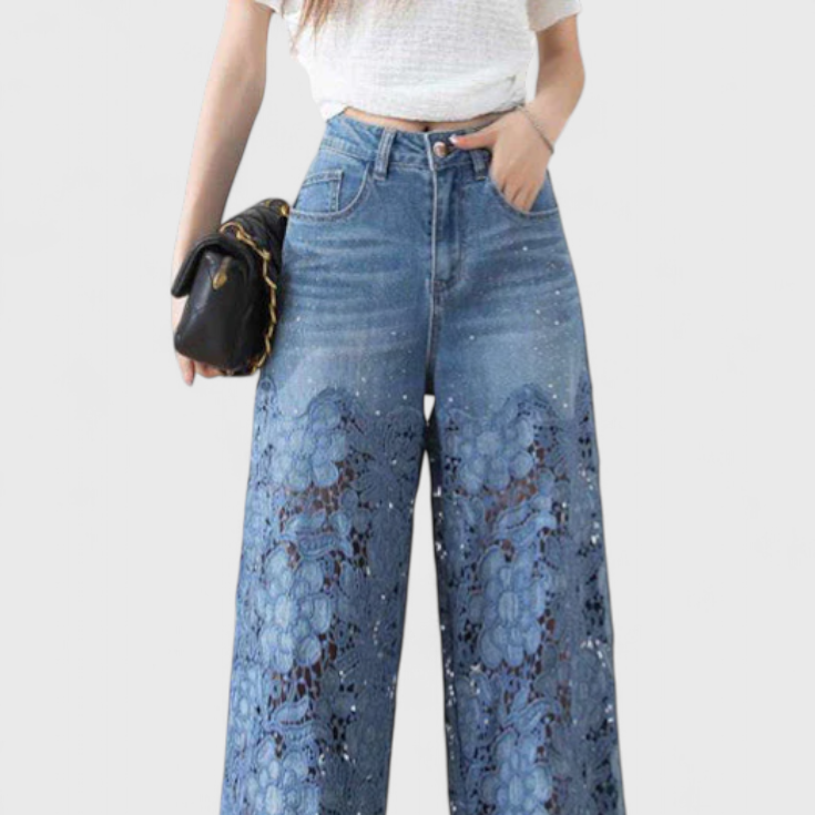 Jasiel | Pantalón Palazzo de Encaje Denim con Bordado Floral