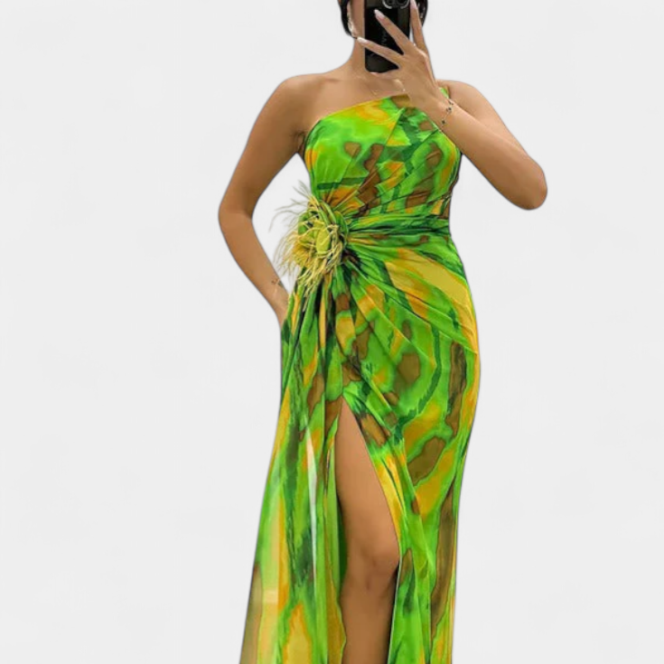 Aylin | Vestido Maxi Asimétrico con Estampado Vibrante