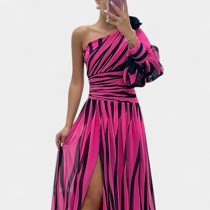 Bethania | Vestido Maxí Elegante de Rayas con Un Solo Hombro