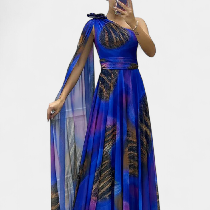 Cedara | Vestido Largo de Un Hombro con Detalle Floral