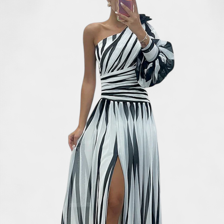 Bethania | Vestido Maxí Elegante de Rayas con Un Solo Hombro