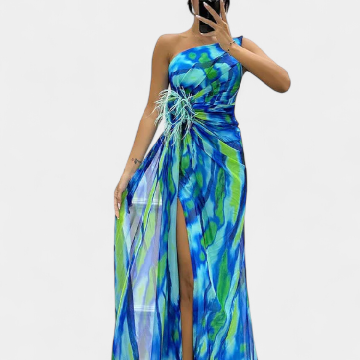 Aylin | Vestido Maxi Asimétrico con Estampado Vibrante
