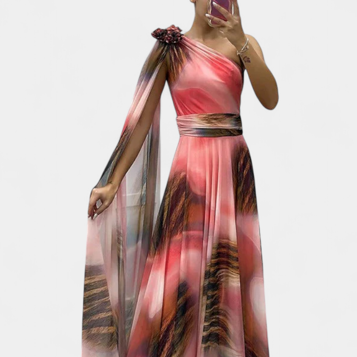 Cedara | Vestido Largo de Un Hombro con Detalle Floral