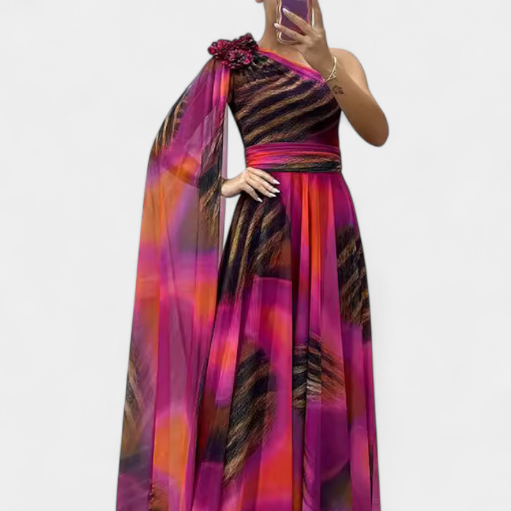 Cedara | Vestido Largo de Un Hombro con Detalle Floral