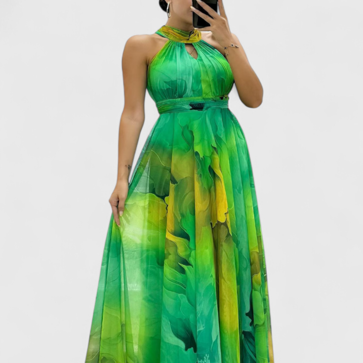 Caprice | Vestido Maxi de Gasa con Estampado Floral y Cuello Halter