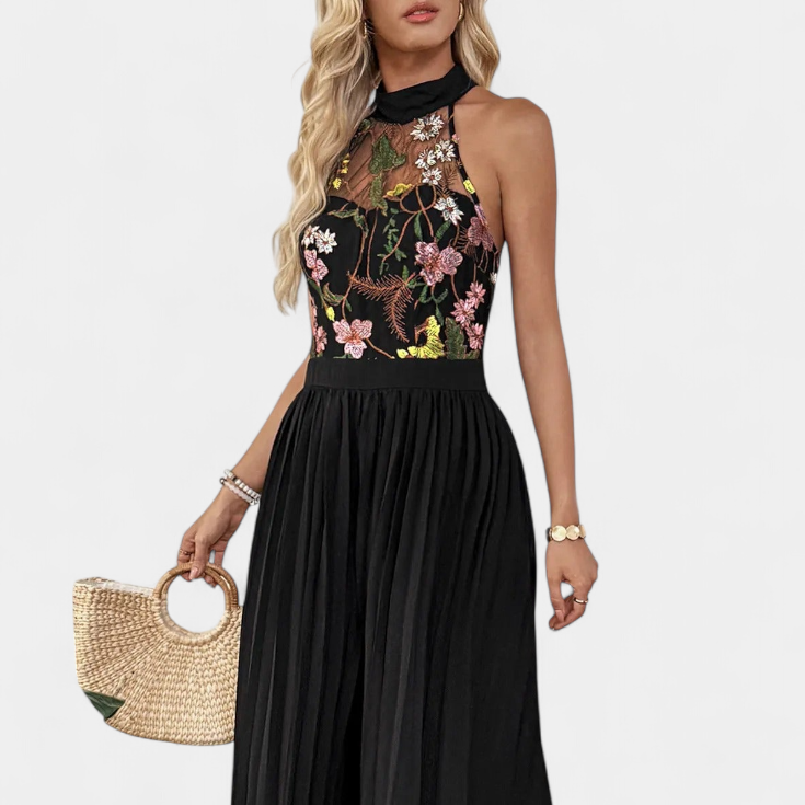Maruja | Mono Palazzo con Bordado Floral y Encaje Transparente