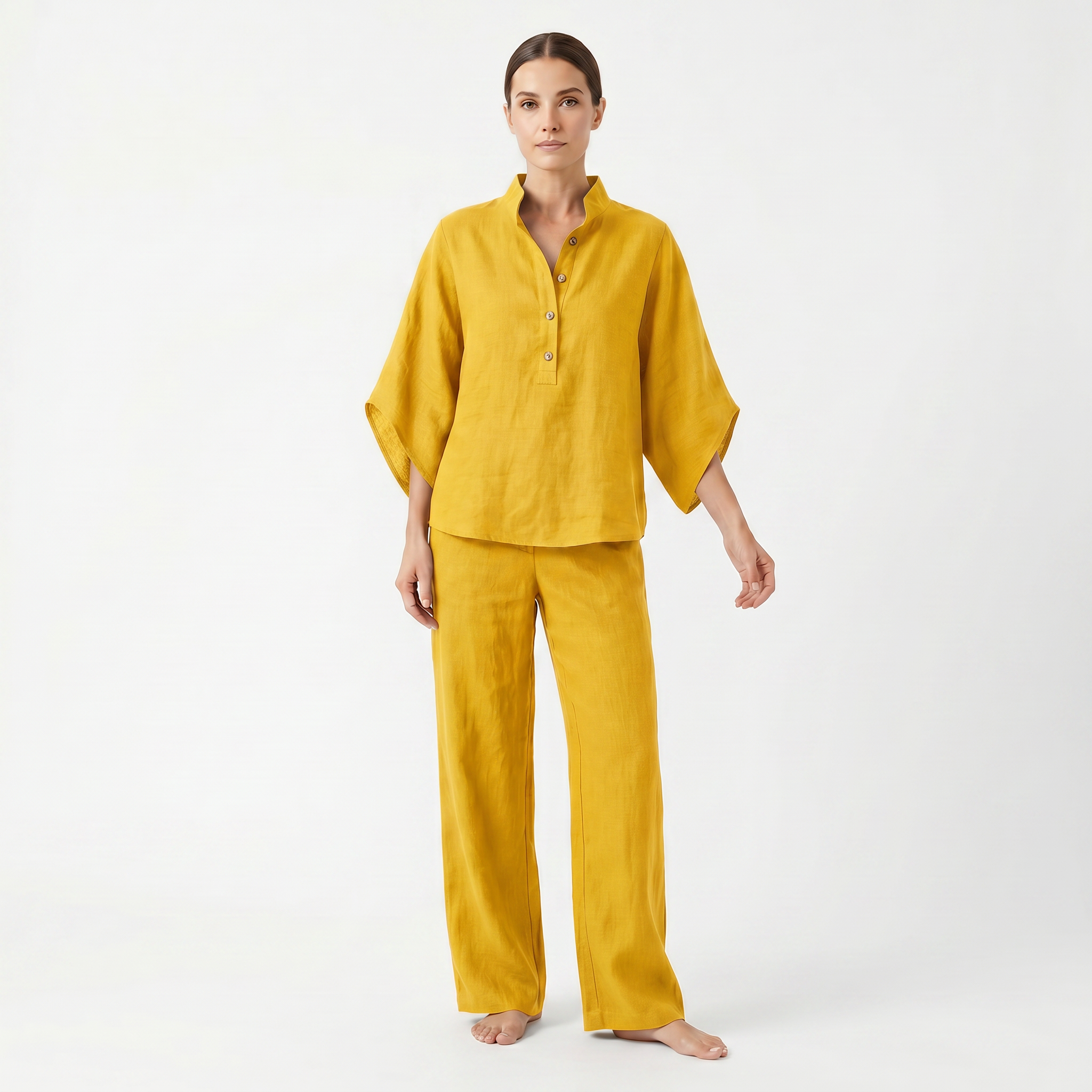 Maribel | Conjunto de lino con mangas murciélago y pantalón ancho