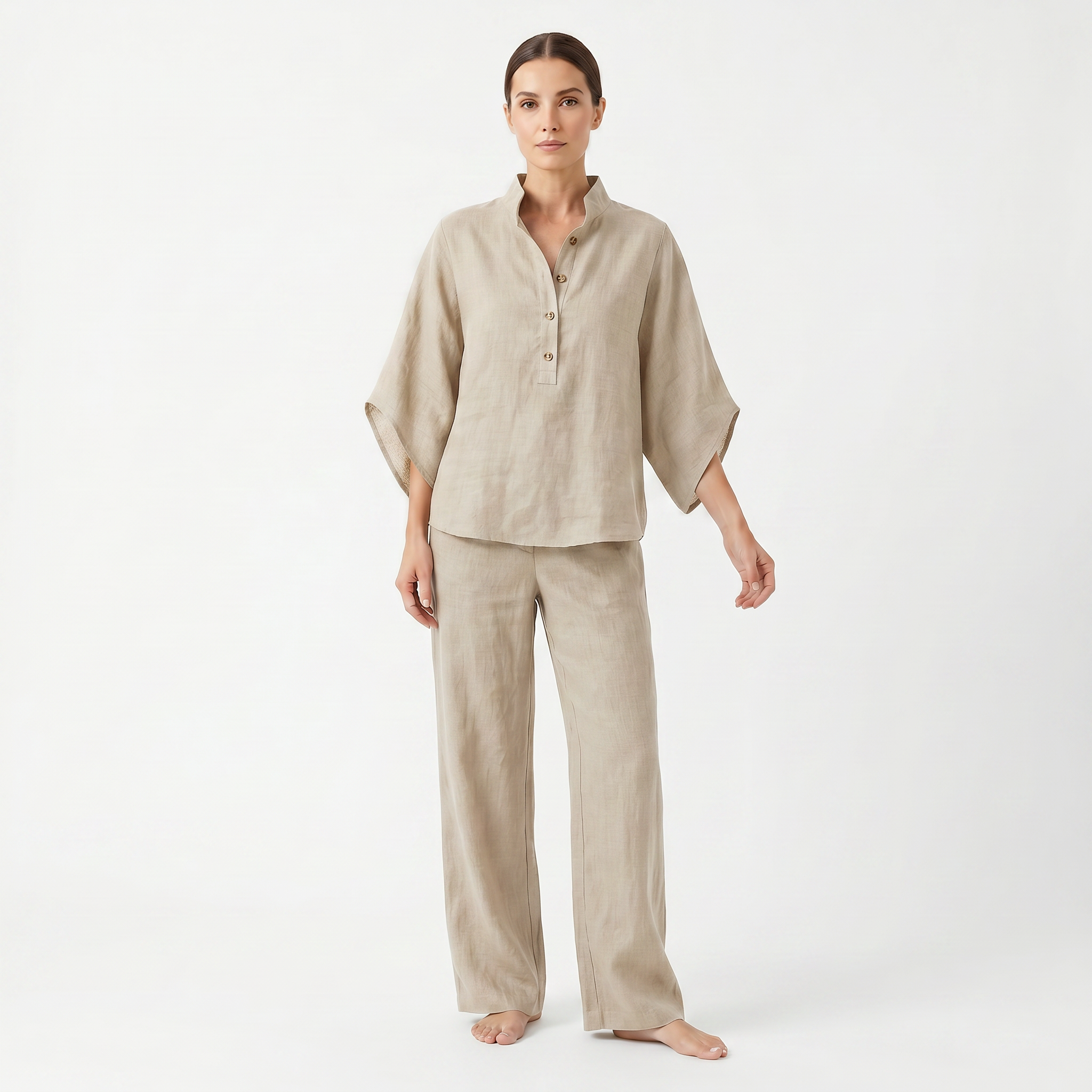 Maribel | Conjunto de lino con mangas murciélago y pantalón ancho